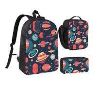 Kashinn Set zaino con borsa per il pranzo e astuccio con stampa pianeti dello spazio esterno in tessuto Oxford portatile utile borsa set