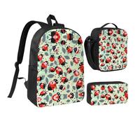 Kashinn Set zaino con borsa per il pranzo e astuccio per matite con stampa di coccinelle con motivo a cartoni animati in tessuto Oxford portatile utile borsa set