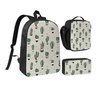 Kashinn Set zaino con borsa per il pranzo e astuccio verde cactus stampa tessuto Oxford portatile utile borsa set