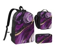 Kashinn Set zaino con borsa per il pranzo e astuccio viola scuro texture marmo stampa tessuto Oxford portatile utile borsa set