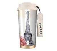 Kashinn Tazza da caffè isolata sottovuoto, con cannuccia e coperchio, con stampa di rose e torre Eiffel, per bevande calde e fredde, 510 ml