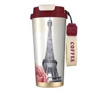 Kashinn Tazza da caffè isolata sottovuoto, con cannuccia e coperchio, con stampa di rose e torre Eiffel, per bevande calde e fredde, 510 ml