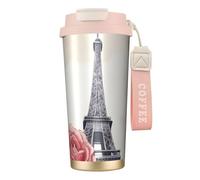 Kashinn Tazza da caffè isolata sottovuoto, con cannuccia e coperchio, con stampa di rose e torre Eiffel, per bevande calde e fredde, 510 ml