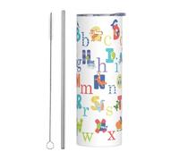 Kashinn Tazza da viaggio in acciaio inox da 590 ml, per caffè, bevande ghiacciate, estiva, con stampa colorata dell'alfabeto