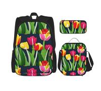 Kashinn Zaino 3 in 1 con stampa a tulipani colorati di alta qualità con borsa per il pranzo e astuccio set di borse portatili