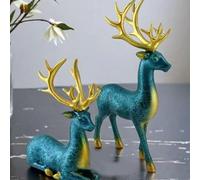 Kashyke 2 statuette decorative natalizie, motivo renna, cervo, alce e sculture, statuette di animali, decorazione natalizia, per interni, elegante, renna per soggiorno, cucina, tavolo (blu e oro)