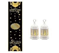 Kashyke Ramadan, set da tavolo, 1 tovaglia Ramadan & 2 lanterne Ramadan, runner da tavola Ramadan Mubarak, decorazione dorata a stella, luna, ramadan, decorazioni per feste (#03)