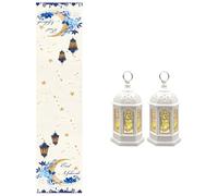 Kashyke Ramadan, set da tavolo, 1 tovaglia Ramadan & 2 lanterne Ramadan, runner da tavola Ramadan Mubarak, decorazione dorata a stella, luna, ramadan, decorazioni per feste (#01)