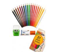 Kaste Kit Ricambio Astuccio Scuola Elementare - 18 Pastelli Triangolari + 2 Gomme + Temperino con Serbatoio 2 fori di metallo