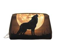 kastiong Beauty case portatile in pelle da donna, organizer per cosmetici da viaggio, grande lupo ululante sotto la luna con stampa