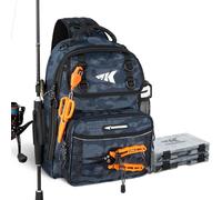 KastKing BaitSpace - Borsa per attrezzatura da pesca, resistente all'acqua, con 2 scatole mimetiche nere e legante per esche morbide staccabili, zaino regolabile per pesca in banca, guadino e barca