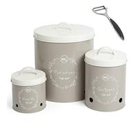 Katai - Set Contenitori Porta Patate Cipolle e Aglio - 3 Barattoli in Alluminio Grigio con Coperchio e Fori di Aerazione - Include Pelapatate in Acciaio Inox