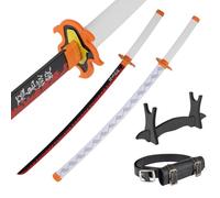 Katana Legno 77 cm con Cintura e Supporto - Damon Slayer Spada Ninja per Cosplay Anime e Costume Carnevale - Catana Giapponese Wakizashi Decorativo - Katane Giapponesi in Bambù (Non Affilata)