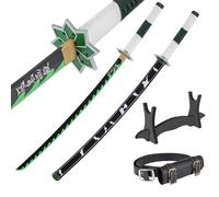 Katana Legno 77 cm con Cintura e Supporto - Damon Slayer Spada Ninja per Cosplay Anime e Costume Carnevale - Catana Giapponese Wakizashi Decorativo - Katane Giapponesi in Bambù (Non Affilata)