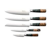 Katana Saya Elements Set di coltelli con ceppo 6 pezzi, verde foresta pluviale - Acciaio Damasco VG-10 ad alto tenore di carbonio - estrema resistenza e affilatura - Manico in legno d'ulivo e resina