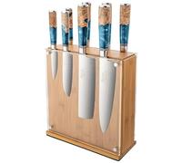 Katana Saya Elements Set di coltelli con ceppo 9 pezzi, blu oceano - Acciaio Damasco VG-10 ad alto tenore di carbonio - estrema resistenza e affilatura - Manico in legno d'ulivo e resina