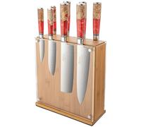 Katana Saya Elements Set di coltelli con ceppo 9 pezzi, rosso vulcanico - Acciaio Damasco VG-10 ad alto tenore di carbonio - estrema resistenza e affilatura - Manico in legno d'ulivo e resina