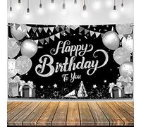 KatchOn, Banner di buon compleanno in bianco e nero, grande, 183 x 111 cm, striscione di buon compleanno nero e argento da donna, decorazioni di compleanno bianche e argento per uomini, forniture per