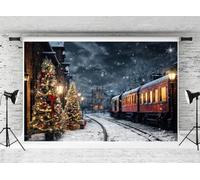 Kate 3x2m Sfondo invernale del treno di Natale Albero di Natale Sfondo fotografico Fiocco di neve Paesaggio di pino Sfondi per la vigilia di Natale Puntelli per lo studio fotografico
