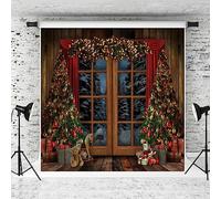 Kate 3x3m Sfondo fotografico natalizio Albero di Natale Rustico Porta di legno Sfondo per Photobooth Tenda rossa Scenario invernale Sfondo per bambini Ritratto interno Puntelli per Photobooth