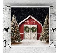 Kate 3x3m Sfondo natalizio Fattoria Porta del fienile Scenario invernale di neve Fienile rosso Sfondo fotografico Alberi di Natale Decorazioni di festa Banner