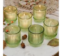 Kate Aspen - Portacandele votivo vintage in vetro a coste verde (set da 6), decorazione autunnale, decorazione bohémien, decorazione per mensole, regalo perfetto per hostess o decorazione per la casa