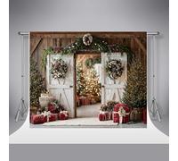 Kate Christmas Barn Door Photography Backdrops 7x5ft/2.2x1.5m Alberi di Natale Ghirlanda di noci Sottofondo natalizio in legno marrone Sottofondo fotografico per ritratti di famiglia