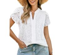 Kate Kasin Camicette da Donna con Occhielli per Primavera Estate, Camicie Eleganti Casual a Maniche Corte con Petali, Top con Scollo a V e Pizzo Ricamato, bianco, M