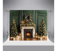 Kate Natale Scenari fotografici per caminetto marrone scuro 10x6.5ft/3x2m Parete verde Alberi di Natale Ghirlanda Natale Scenario per compleanni dei bambini Ritratto di famiglia Sfondo fotografico