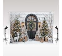 Kate Natale Sfondo fotografico innevato 3x3m/10x10piedi Pini Ghirlanda Renna Porta nera Albero di Natale Sfondi fotografici Ritratto di famiglia Sfondo decorativo Photozone