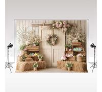 Kate Primavera Pasqua Floreale Fotografia Sfondo 3x3m/10x10ft Uova di Pasqua Coniglietto Porta in Legno Bianco Sfondo Decorativo Bambini Compleanno Ritratto Foto Sfondo Studio