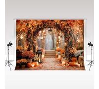 Kate Sfondo fotografico autunnale 2.2x1.5m/7x5piedi Foglie d'acero autunnali Arco zucche Lanterne Sfondi fotografici Ritratto di famiglia Sfondo decorativo Photozone