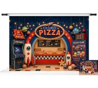 Kate Sfondo fotografico compleanno spazio pizza razzi per bambini, 2.2x1.5m | Fondale per cake smash con pianeti, Sfondo per feste spaziali, Telo in microfibra per ritratti di bambini