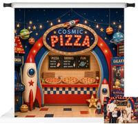 Kate Sfondo fotografico compleanno spazio pizza razzi per bambini, 2.5x2.5m | Fondale per cake smash con pianeti, Sfondo per feste spaziali, Telo in microfibra per ritratti di bambini