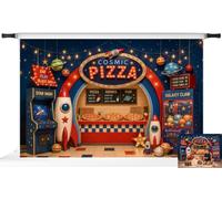 Kate Sfondo fotografico compleanno spazio pizza razzi per bambini, 3x2m | Fondale per cake smash con pianeti, Sfondo per feste spaziali, Telo in microfibra per ritratti di bambini