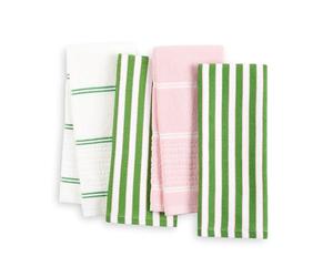 Kate Spade New York Botanical Stripe - Set di 4 asciugamani da cucina assorbenti, 100% cotone, verde/rosa, 43,2 x 71,1 cm