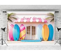 Kate Summer Surfboard Fondale fotografico 7x5ft/2.2x1.5 m Palme tropicali Banner di compleanno per bambini Sfondo per feste in piscina sulle isole hawaiane