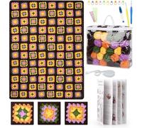 Katech Kit uncinetto principiante completo, 3,5 + 4,0 mm e 32 gomitoli di lana per coperta caffè nonna quadrati (160 x 90 cm), kit a maglia, libretto inglese