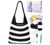 Katech Set all'uncinetto/maglia per borsa a righe, set di uncinetti con istruzioni e video tutorial, accessori all'uncinetto in cotone per uncinetto, per principianti, set all'uncinetto per