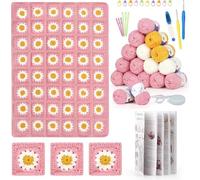 Katech Set all'uncinetto per principianti, 3,5 + 4 mm e 17 pezzi di lana per coperta Granny Squares, tutti gli accessori per l'uncinetto, soffice e bella coperta patchwork calda, 60 x 70 cm, colore: