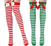 KATELUO Calzini Natalizi Lunghi, 2pcs Calzini Lunghi a Righe Donna, Calze al Ginocchio con Fiocco, Calzini Alti Natalizi, Adatto per Decorazioni in Costume Natalizio, Cosplay, Spettacoli Teatrali