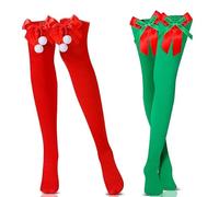 KATELUO Calzini Natalizi Lunghi, 2pcs Calzini Lunghi a Righe Donna, Calze al Ginocchio con Fiocco, Calzini Alti Natalizi, Adatto per Decorazioni in Costume Natalizio, Cosplay, Spettacoli Teatrali