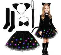 KATELUO Costume da Gatto Nero di Halloween, 5 Pezzi Costume Gatto Bambina con Tutu Nero Bambina Orecchie Coda Papillon Calzini Al Ginocchio, Gonna Tulle Led per Halloween Carnevale Cosplay