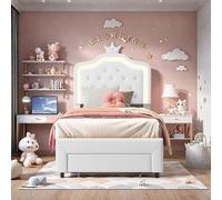 KatFash Lettino per bambini, 90 x 200 cm, con telaio a LED, letto piano, con rete a doghe e spazio di archiviazione, letto imbottito con cassetti, letto per bambini con testata, bianco, PU