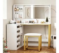 KatFash Tavolo da toeletta con specchio a LED e sgabello, bianco e oro, cassetti trasparenti, ripiani portaoggetti, prese integrate