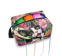 Kathyboom Borsa organizer per filati con fiori di gatto, borsa organizer per lavori a maglia, borsa per filati di grande capacità, per accessori per maglieria, uncinetti, ferri da maglia