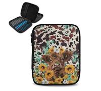 Kathyboom Custodia per uncinetti con mucca delle Highland, girasole, borse vuote con cerniera, organizer portatile da viaggio per uncinetto con tasca Web e slot per uncinetto