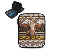 Kathyboom Custodia per uncinetto con motivo tribale a forma di mucca vuota, con cerniera, portatile, da viaggio, con scomparti per il trasporto di vari uncinetti e aghi