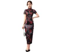 KATIAK Abito da Sera Qipao Cheongsam Cinese A Maniche Corte con Fiori di Pruno,Colletto alla Coreana Tradizionale Vintage Abito Lungo Sexy Aderente con Spacco Abito Hanfu Slim Fit,Nero Rosso,M