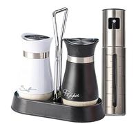KATKLIU Set saliera e pepiera, 120 ml saliere piccole ricaricabili in vetro e acciaio inox con supporto + spruzzatore olio 100 ml, contenitori spezie per casa, tavolo, barbecue, campeggio